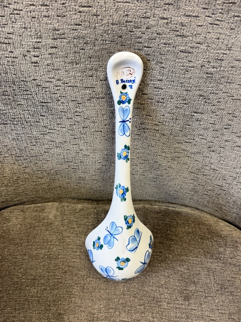 Polish Pottery Blue Butterfly & Floral Ceramic Large Ladle Signed A. Beszayi.